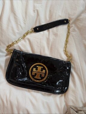 Tory Burch Black Patent Leather Shoulder Bag with Gold Logo